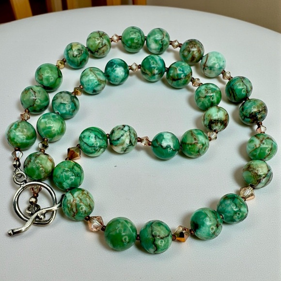 African Turquoise Jasper & Crystal Beaded Necklace w/ Silver Toggle Clasp 20” - Picture 12 of 17